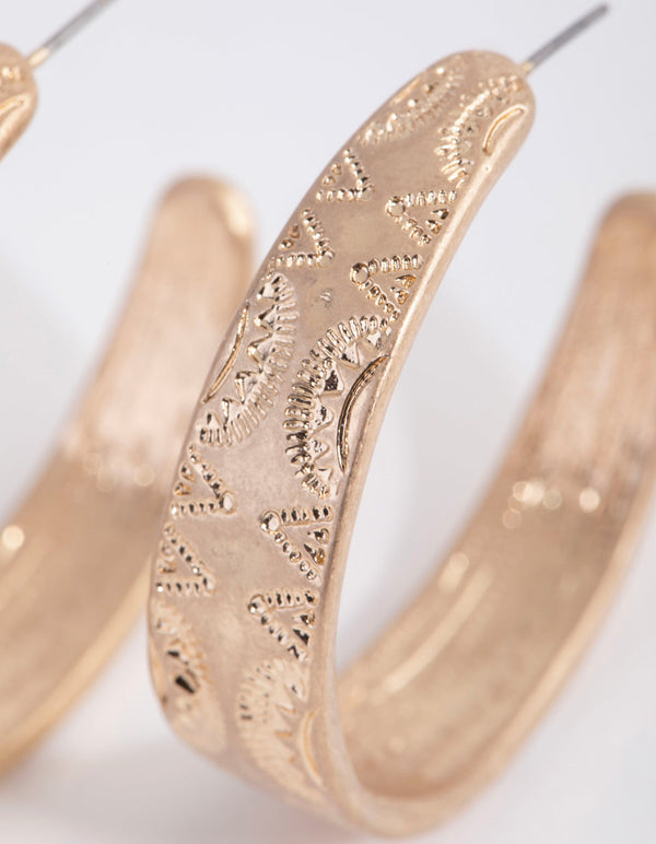 Washed Gold Etched C Hoop Earrings