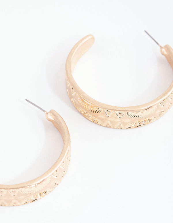 Washed Gold Etched C Hoop Earrings
