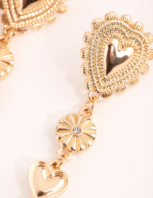Gold Heart and Feather Drop Earrings
