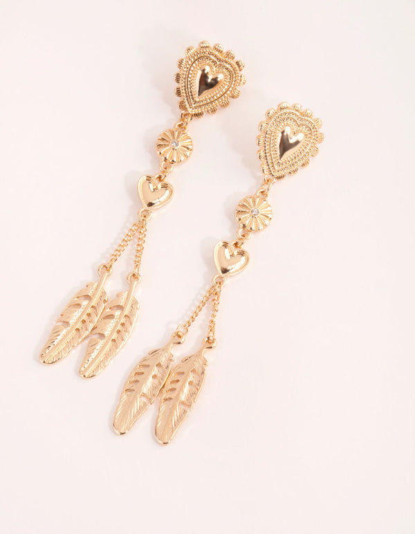 Gold Heart and Feather Drop Earrings