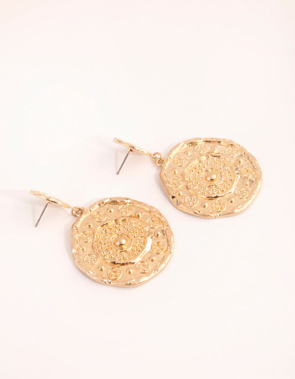 Washed Gold Large Stamp Disc Drop Earrings