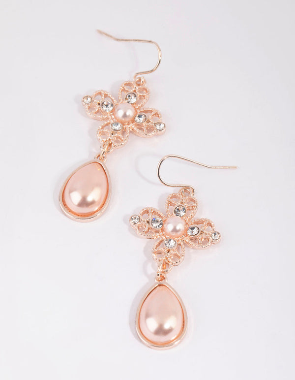 Rose Gold Diamante Flower and Pearl Teardrop Earrings