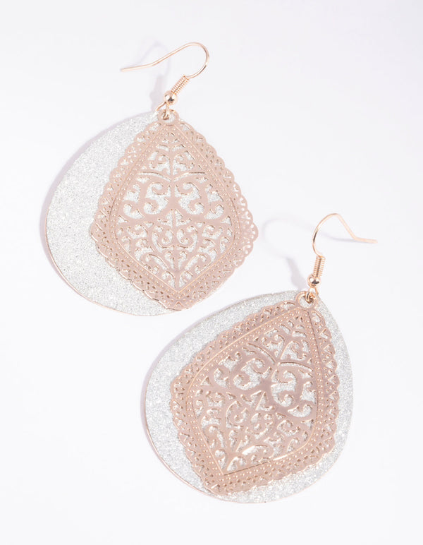 Rose Gold Glitter and Filigree Earrings