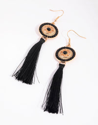 Gold and Black Beaded Coin and Tassel Earrings - link has visual effect only
