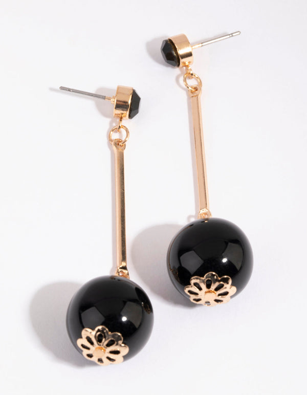 Gold and Black Stick and Ball Drop Earrings
