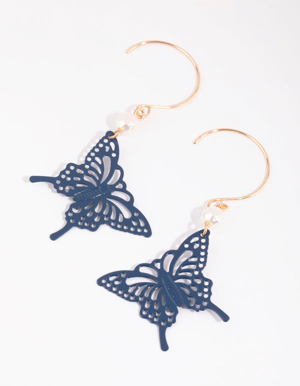 Gold and Navy Pearl Butterfly Earrings