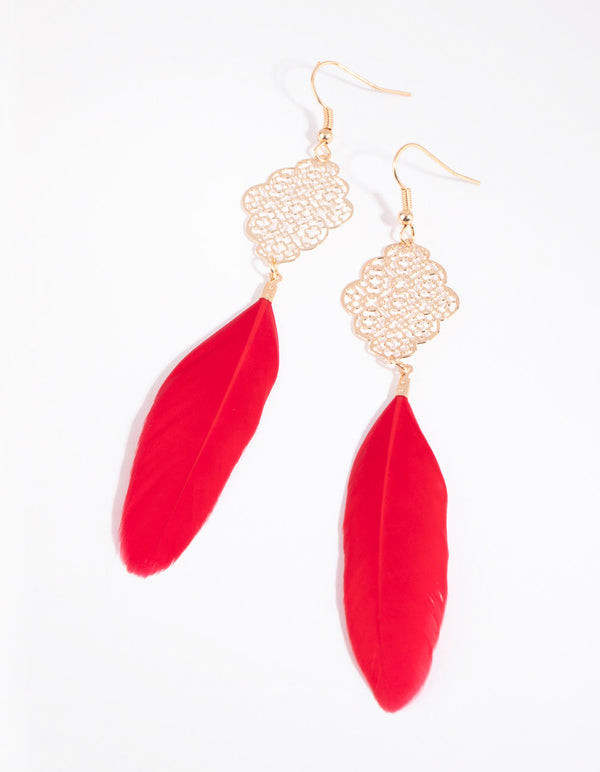 Gold and Red Ornate Filligree and Feather Earrings