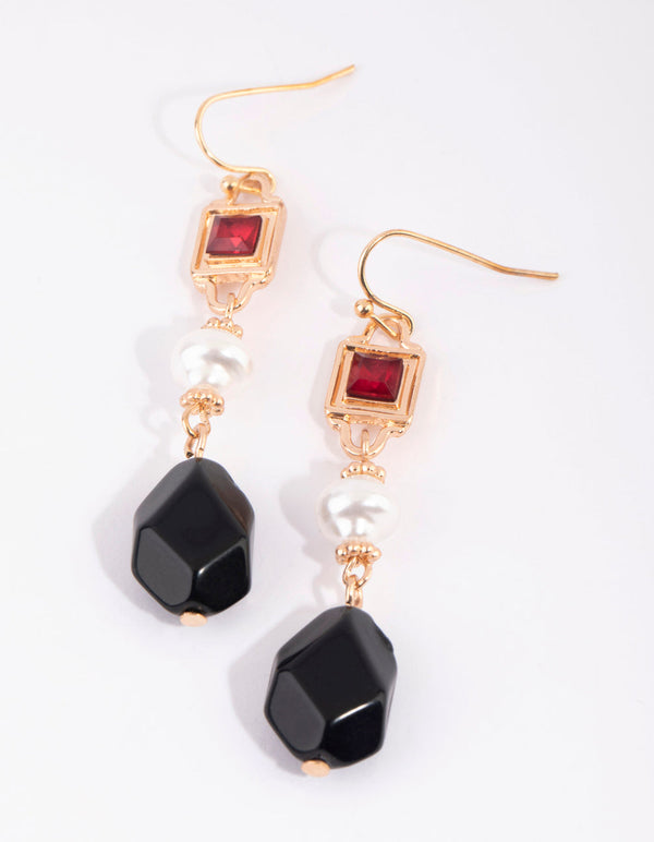 Gold Mixed Stone and Pearl Drop Earrings