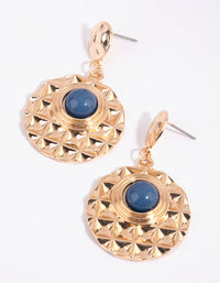 Gold Tiled Disc Navy Stone Earrings - link has visual effect only