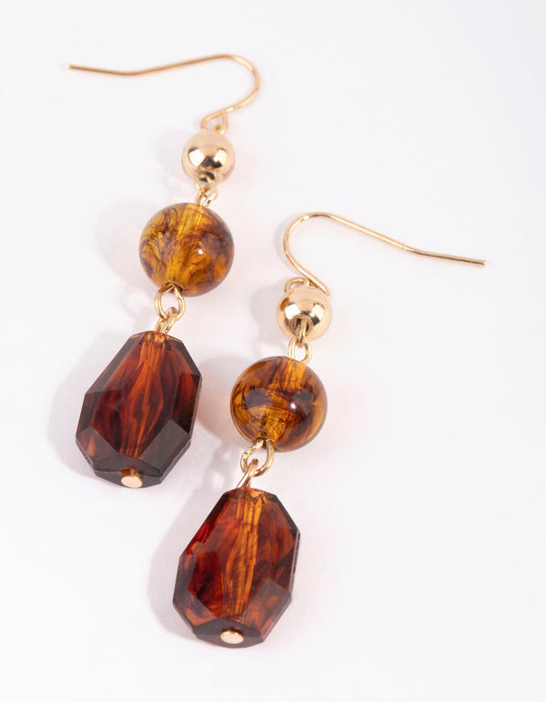 Gold and Brown Mixed Bead Drop Earrings