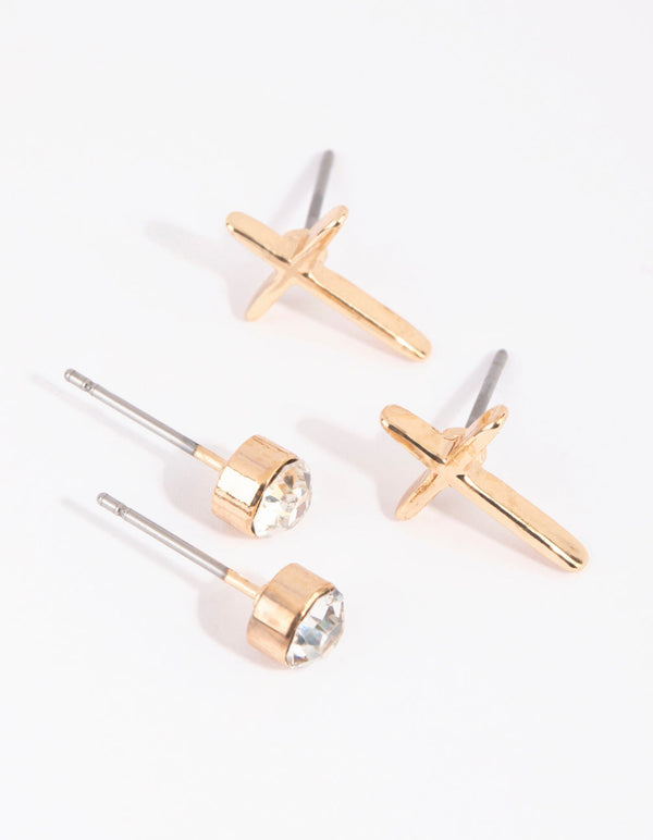 Gold Metal Cross Stud Earring Set