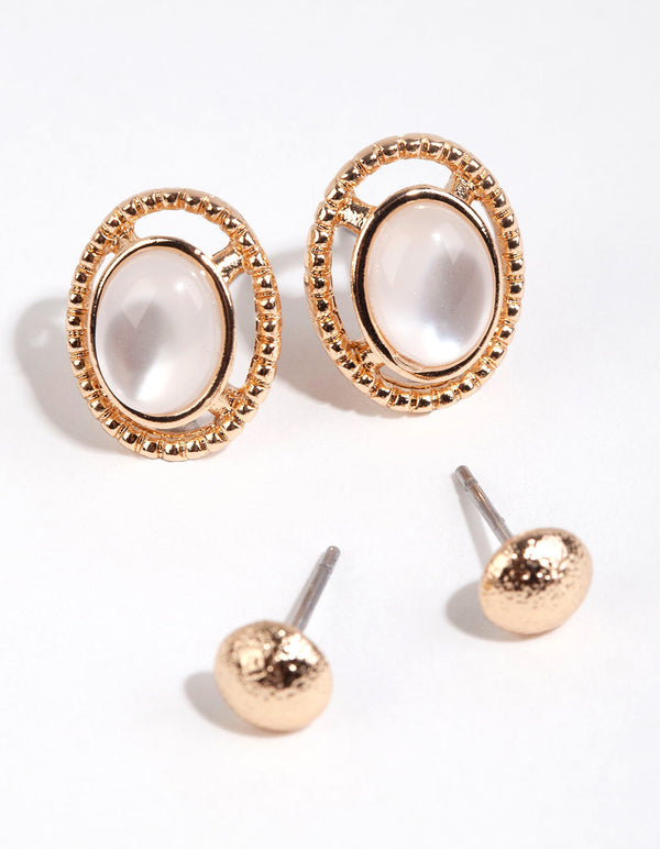 Gold Oval Cat Eye Stud Earrings Pack