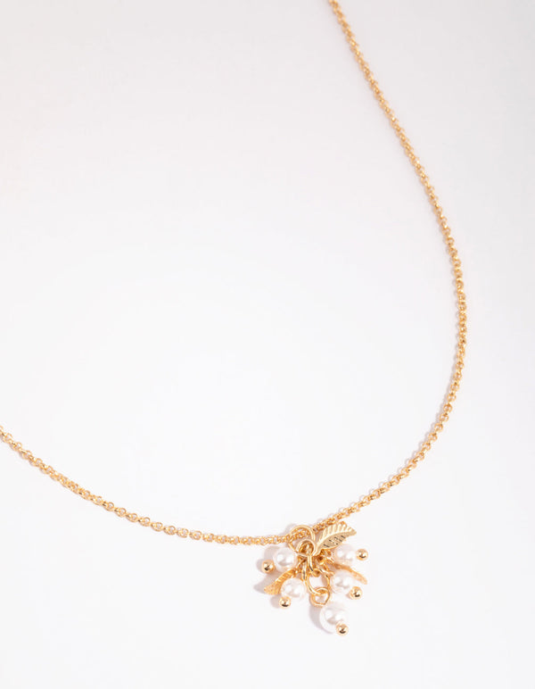 Gold Pearl and Leaf Cluster Necklace