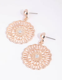 Rose Gold Flower Pattern Diamante Disc Earrings - link has visual effect only