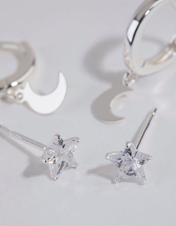 Sterling Silver Celestial Stud and Huggie Earring Set