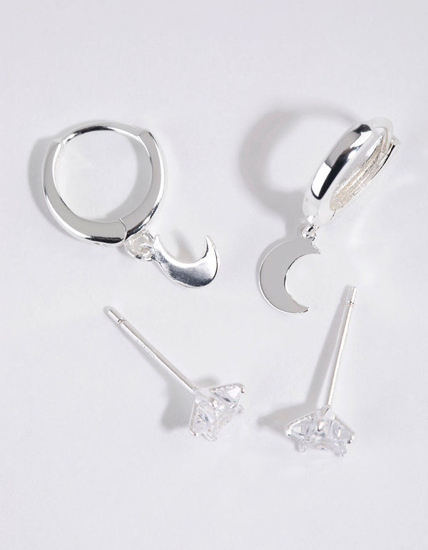Sterling Silver Celestial Stud and Huggie Earring Set