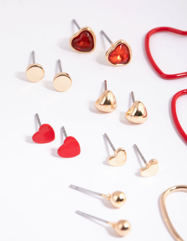 Red and Gold Heart Hoop and Stud Earring Pack