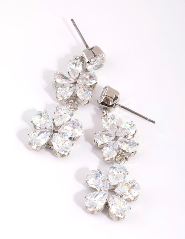 Rhodium Multi Flower Drop Earrings
