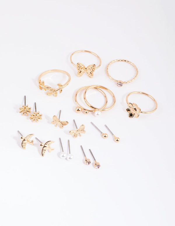Gold Butterly and Pearl Earring and Ring Pack
