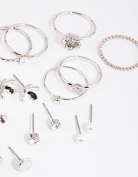 Rhodium Flower and Pearl Earring and Ring Pack - link has visual effect only