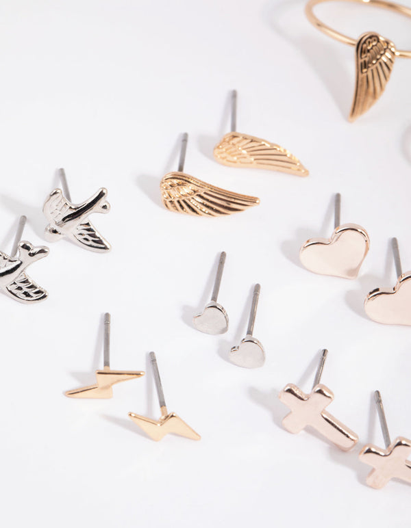 Mixed Metal Angelic Cross Earring and Ring Pack