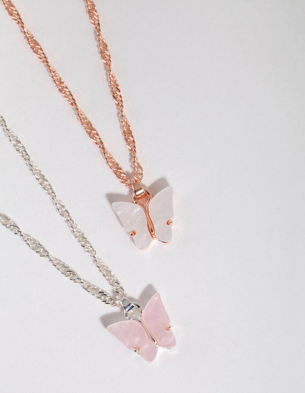 Mixed Metal White and Pink Butterfly Necklace Set