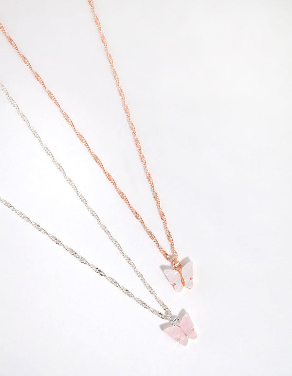 Mixed Metal White and Pink Butterfly Necklace Set