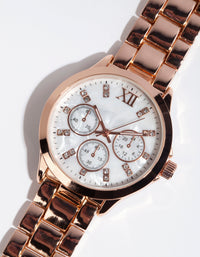 Rose Gold Marble Diamante Link Strap Watch - link has visual effect only
