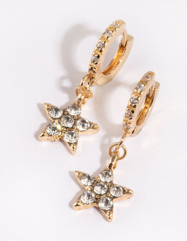 Gold Pave Star Brass Huggie Earring