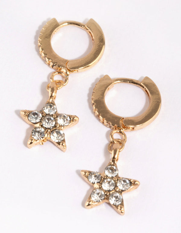 Gold Pave Star Brass Huggie Earring