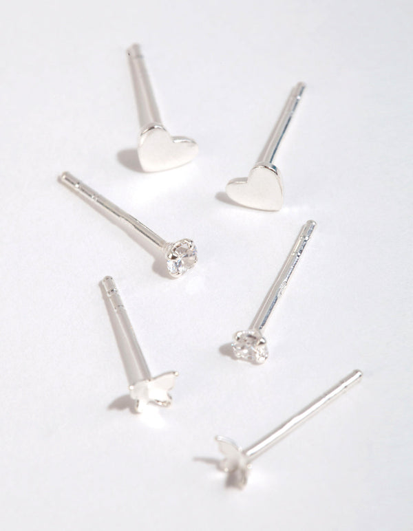 Sterling Silver Heart and Butterfly Stud Earring Pack