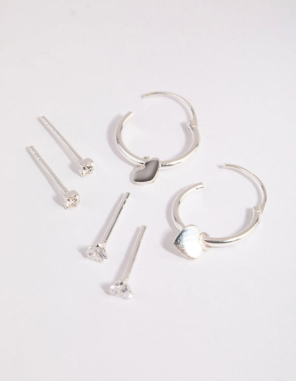 Sterling Silver Heart Stud and Hoop Earrings