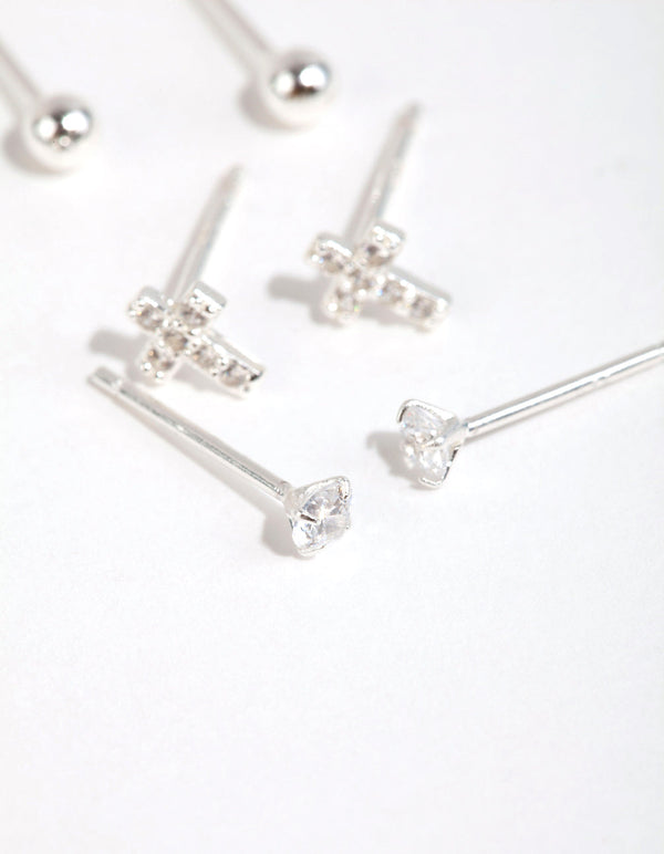 Sterling Silver Cross and Diamante Stud Earring Pack