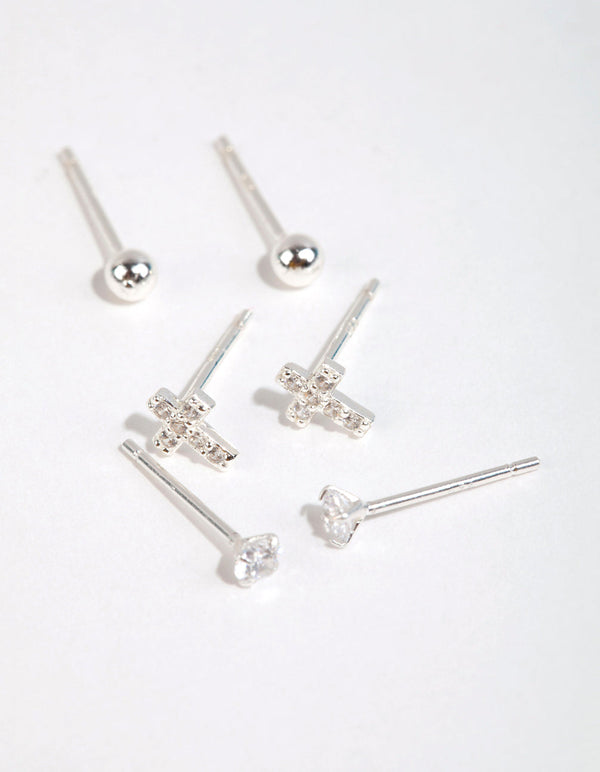 Sterling Silver Cross and Diamante Stud Earring Pack