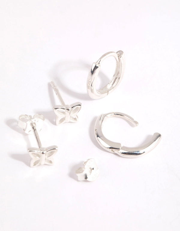 Sterling Silver Butterfly Stud and Huggie Earring Set