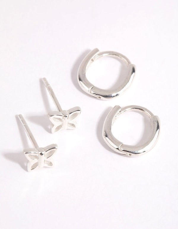 Sterling Silver Butterfly Stud and Huggie Earring Set
