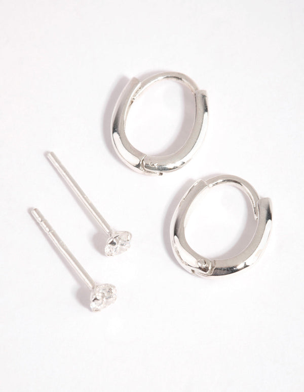 Sterling Silver Cubic Zirconia Stud and Huggie Earring Set