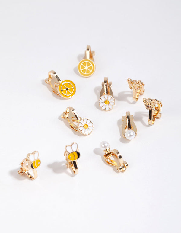 Kids Gold Lemon and Bee Clip On Earring Pack