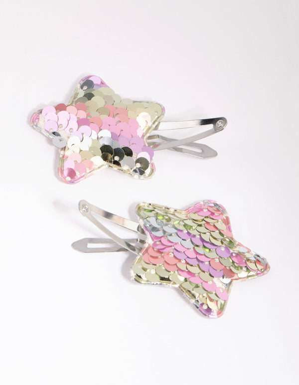 Silver Sequin Statement Star 2 Pack Snap Clips