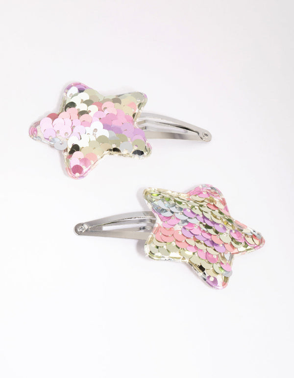 Silver Sequin Statement Star 2 Pack Snap Clips