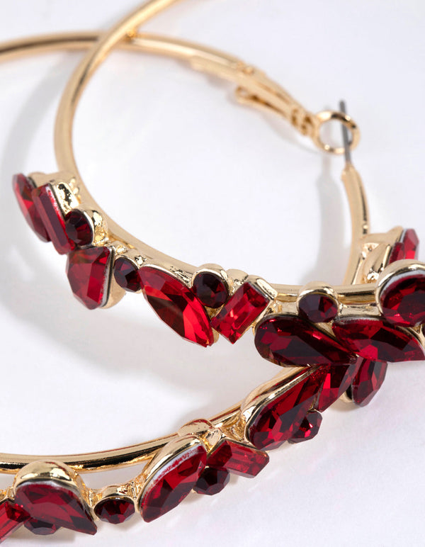 Gold Red Stone Shard Hoop Earrings