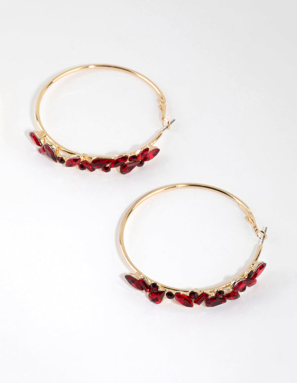 Gold Red Stone Shard Hoop Earrings