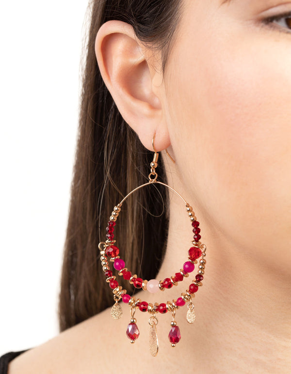 Gold Double Loop Beaded Drop Earrings