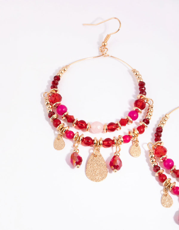 Gold Double Loop Beaded Drop Earrings