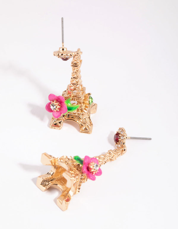 Gold Floral Eiffel Tower Earrings