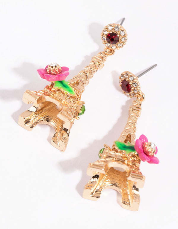 Gold Floral Eiffel Tower Earrings