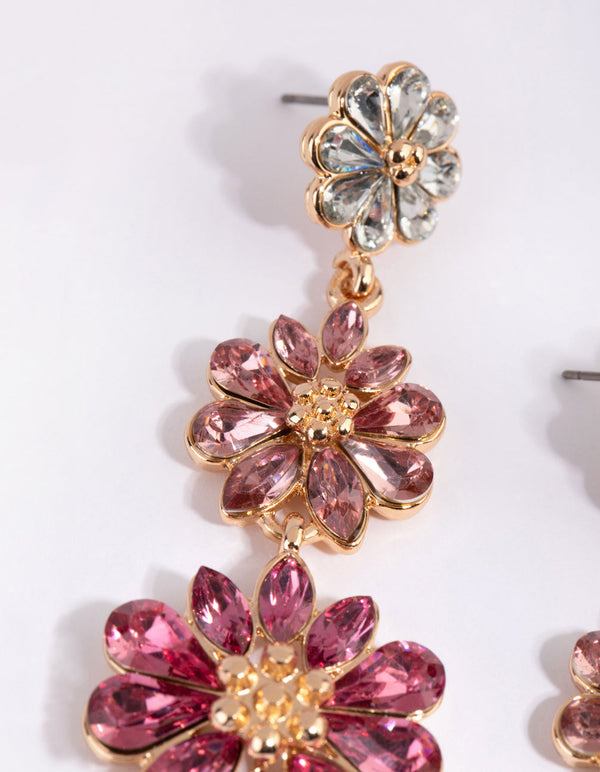 Gold and Pink Triple Flower Drop Earrings