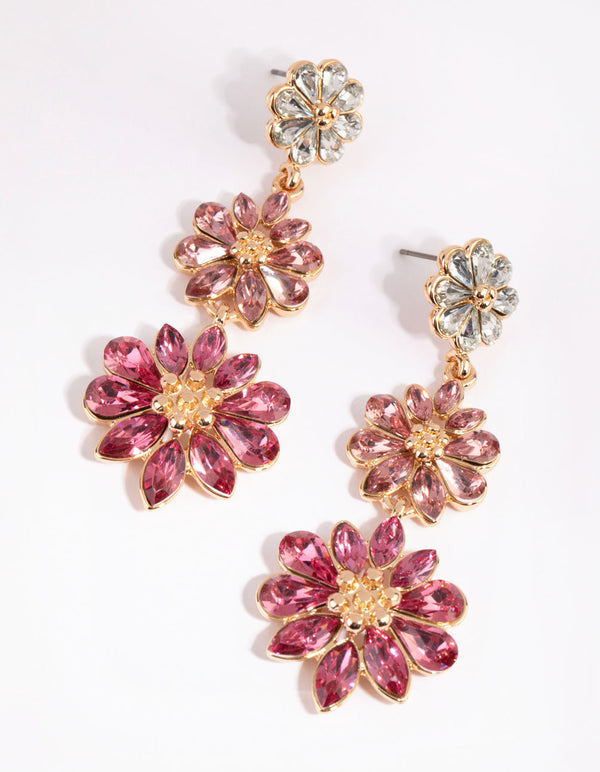 Gold and Pink Triple Flower Drop Earrings