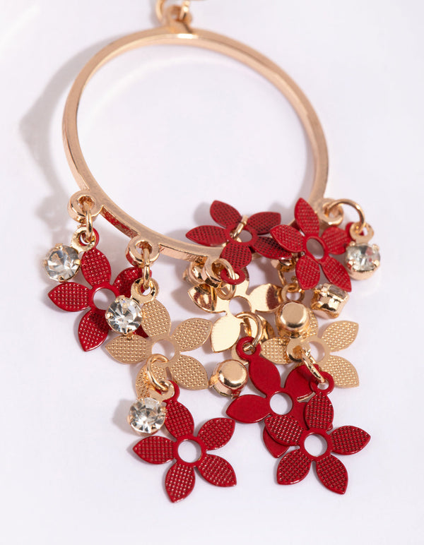 Gold and Red Cascade Flower Drop Earrings