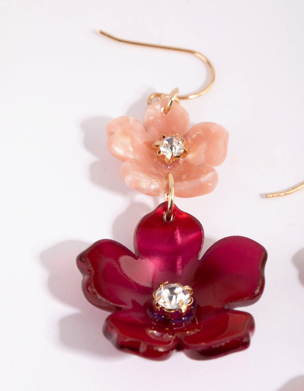 Gold Double Flower Drop Earrings